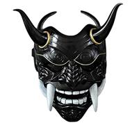 HoveeLuty Máscara de Oni, máscara japonesa Hannya de látex, de samurái aterradora de cara completa con colmillos y cuerno de buey, de diablo de terror de 28 x 24 cm con banda elástica para