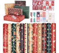 HOVIBU 12 Piezas Papel de Regalo 70x50cm Navidad, Reciclable Kraft Natural, Con 30 Etiquetas y 2 Rollos de 11m de Cuerda de Algodón, Para Nochebuena Xmas