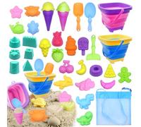 HOVIBU 35 Piezas Juguetes de Playa para Niños, Juegos Playa Niños con Cubo Playa Plegable, Bolsa Malla Reutilizable, Pala de Arena, Moldes de Arena, Juguetes al Aire Libre para 3 4 5 Años