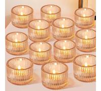 HOVIBU Juego de 12 Mini Portavelas de Cristal para Velas de té, Porta Velas Transparente 5cm x 3.8cm, Portavelas de Velas Pequeñas para Decoración de Mesa Navideñas Bodas Fiestas Hogar Aniversarios