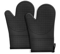 Hovico Guantes de horno de silicona, 2 guantes de horno negros con silicona antideslizante, resistentes al calor 600 grados, forro suave de algodón