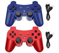 Hovlian Mando inalámbrico para PS3, palanca de mando a distancia integrada de doble vibración compatible con Playstation 3, con cable de carga (azul y rojo)