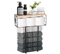 HOVNKUT Toallero de Pared para baño pequeño, estantes de Madera con Cesta de Alambre, Organizador de Almacenamiento de Toallas de baño de 3 Niveles, Capacidad para 4 Toallas enrolladas, Ahorro de