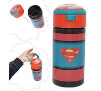 HOVUK Botella de agua Superman de 530 ml con tapa abatible, botella Supra recargable de 18 cm con boca ancha, botella de agua de viaje para niños a partir de 3 años
