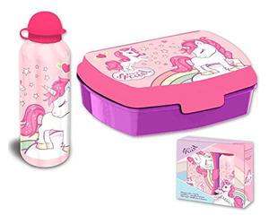 HOVUK Fiambrera de unicornio y botella de agua de aluminio de 500 ml para niños, viajes de vuelta a la escuela, juego de sándwich para niños a partir de 3 años