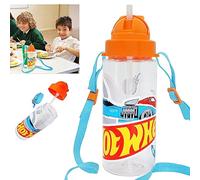 HOVUK Hot Wheels - Botella de agua con popote de 500 ml, botella Tritan con tapa abatible para niños, a prueba de fugas y reutilizable, regalo deportivo para la escuela de 3 años