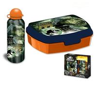 HOVUK Jurassic-World - Lonchera para niños con juego de botellas de agua aisladas de 500 ml, 1 compartimento, caja de aperitivos apta para alimentos para la escuela y picnic de 3 años