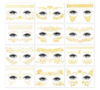 HOWAF 12 Hojas Tatuajes Temporales Metálicos Faciales, Pegatinas Cara Brillantes para la Cara Pegatinas Cara Brillantes Tatuajes Dorados Flash para Halloween Carnaval Fiesta de Máscaras Mujer Niños