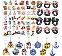 HOWAF 12 Pirate Llaveros, 12 Pirata Anillos de silicona, 4 hojas Pirata Tatuajes temporales para Niños Infantiles Cumpleaños Rellenar piñatas y Bolsas de Regalo de Fiestas de cumpleaños Infantiles