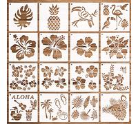 HOWAF 16 Piezas Hawaii Plantillas de Flores Aloha, Hibiscus Flores Flamingo Hojas Tropicales Plantilla Reutilizable Plástico Drawing Painting Stencil Plantillas para Pared Manualidades Bolsas de Lona