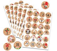 HOWAF 192 Piezas Pegatinas de Navidad, Pegatinas Calendario Adviento DIY, Pegatinas Numeros Adviento, 1-24 Pegatinas Redondas de Kraft de Navidad de Regalo, Navidad Decoración, 8 Hojas, 4 cm