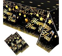 HOWAF 2 Mantel Nochevieja, Mantel Rectangular de Feliz Año Nuevo Happy New Year Plástico Adornos Mesa para Cotillon Nochevieja 2026, Decoracion Fin de Año 2026, Oro Negro