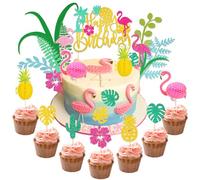 HOWAF 26 piezas Happy Birthday Cake Decoration, Hawaii Aloha Flamingo Piña Happy Birthday Cake Topper Cumpleaños para Hawaii Decoración Tropical Luau Verano Playa Fiesta Pastel Decoración Cumpleaños