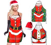 HOWAF 2pcs Navidad Delantales de Cocina Horneando, Sexy Navidad Santa Papa Noel Delantales para Mujer Hombre Adulta Navidad Gracioso Cena Cocina Barbacoa Vestido Decoración con 1 Santa Sombrero