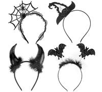 HOWAF 4 Piezas Diadema Halloween Set, Diadema Sombrero Bruja Murcielagos Halloween Araña Cuernos de Diablo para Disfraz halloween Accesorios Disfraz Murcielago Cosplay Mascarada para Adultos y Niños