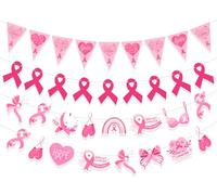 HOWAF 4pcs Conciencia del Cáncer de Mama Banderola Lazo Rosa con Purpurina y Esperanza y Fe para Decoraciones de Concienciación del Cáncer de Mama
