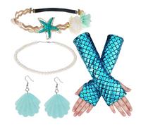 HOWAF 4PCS Disfraz Sirena Accesorios, Disfraz de Sirena Diedema de Estrella de Mar Concha Flor Guantes Pendientes Collares de Perlas para Disfraz Halloween Cosplay Carnaval