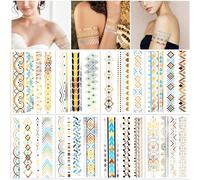 HOWAF 8 Hojas Doradas Pegatinas de Tatuaje, Tatuajes Temporal Metálico Oro Flash Tatuaje Temporal Adhesivos Falsas Impermeables Brillantes Tatuajes Tatuajes Temporales para Adultos Mujer Niños