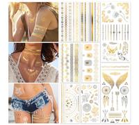 HOWAF 8 Hojas Tatuajes Oro Tatuajes Temporales Met¨¢licos, Oro Tatuajes Temporales Papel Festival Tatuaje Pegatinas Flash Fake Tattoo Kit Impermeable Tatuajes Temporales