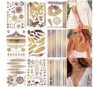 HOWAF 9 Doradas Pegatinas de Tatuaje, Tatuajes Temporales para Adultos Mujer Niños Tatuajes Temporal Metálico Oro Flash Tatuaje Temporal Adhesivos Falsas Impermeables Brillantes Tattoos Women Girls