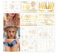 HOWAF 9 Hojas Tatuajes Temporales Met¨¢licos, Glitter Oro Flash Tatuaje Mandala Fiesta Tatuajes Temporales Tatuajes Pegatinas para Mujeres Adulto Ninas