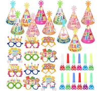 HOWAF Cotillon Nochevieja 2026, Sombreros Happy New Year Sombreros de Cono Diadema Año Nuevo, Gafas Fin de Año, Matasuegras para Photocall Nochevieja, Decoracion Fin de Año 2026, Set A