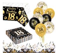 HOWAF Decoración 18 cumpleaños, Oro Negro Servilletas Papel de 18 cumpleaños Globos Cumpleaños Mantel Plastico Confeti Set para Decoracion 18 cumpleaños Niño Niña