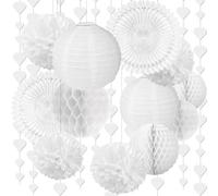 HOWAF Decoracion Boda, 13 Corazón Guirnaldas Pompones Blanco Abanicos de Papel Farolillos de Papel Flores de Papel Decoración Fiesta Blancos