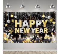 HOWAF Decoracion Fiesta Cotillon Fin De Año 2026, Negro Oro Feliz Año Nuevo Póster de Tela Cartel Grande para año Nuevo Fondo de Photocall Happy New Year Pancarta de Fondo para Cotillon Nochevieja