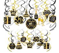 HOWAF Decoraciones de Fiesta 40 Cumpleaños,Remolinos Colgantes Techo de Oro Negro,Lámina Brillante Remolinos Colgantes para Fiestas de 40 Años Feliz Cumpleaños Decoracion para Hombres y Mujers,30 Pcs