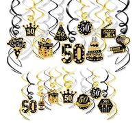 HOWAF Decoraciones de Fiesta 50 Cumpleaños,Remolinos Colgantes Techo de Oro Negro,Lámina Brillante Remolinos Colgantes para Fiestas de 50 Años Feliz Cumpleaños Decoracion para Hombres y Mujers,30 Pcs
