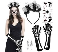 HOWAF Diadema Catrina Mujer Niña, Diadema Dia De Los Muertos, Tatuajes Halloween Cara, Pendientes Guantes Esqueleto para Disfraz Halloween Mujer