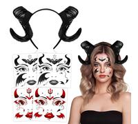 HOWAF Diadema Cuernos Diablo, Cuernos Demonio, Devil Horns & Tatuajes Halloween Cara Tatuajes Temporales para Disfraz Diablo, Disfraz Halloween Carnaval, Negro
