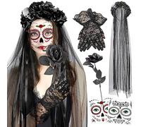 HOWAF Diadema del Día De Muertos, Diadema Catrina con Velo, Halloween Tatuajes Temporales de Cara, Guantes Rosas para Altar de Muertos, Disfraz de Halloween Fancy Dress Costume Accessory, F