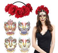 HOWAF Diadema Mujer Halloween, Diadema Dia de los Muertos con 4 Tatuajes Temporales de Cara Face Gems para Dia de los Muertos Disfraz Complementos Mujer