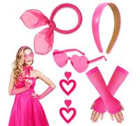 HOWAF Disfraz Años 80 Mujer, Diadema Rosa Diademas Niña Mujer Bufanda Rosa Pendientes Corazón Gafas Corazon Rosa Guantes para Disfraz Años 70 Disfraz Años 80 Disfraz Halloween Pink Costume Accessories
