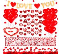 HOWAF Kit Romántico Globos Corazon, Petalos de Rosa Artificiales, Velas Corazon, Guirnalda Corazones Decoracion, Camino de Mesa para Decoracion San Valentin, Aniversario Compromiso Propuesta