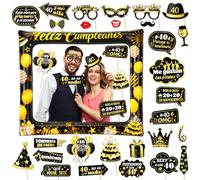 HOWAF Photocall Feliz 40 Cumpleaños 28Pcs Accesorios Photocall 40 Años Foto Props + Marco de Fotos Hinchable Fotocoll de Cumpleaños para Fiesta de Decoracion Oro Negro