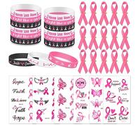 HOWAF Pines de Cinta de Satén Pin de Concienciación sobre el Cáncer de Mama Pulseras de Silicona contra El Cáncer de Mama Calcomanías de Tatuaje de Cinta Rosa para Mujer Decoración de Cinta Rosa