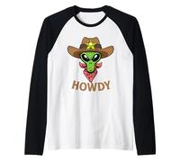 Howdy Alien Face Cowboy Cowgirl OVNI Halloween Western Rodeo Camiseta Manga Raglan