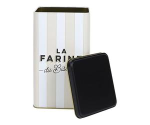 HowHomely Lata de harina de 2 l de color blanco y beige a rayas - Tarro de metal con tapa negra, lata de almacenamiento de cocina para harina o alimentos secos estilo bistró