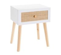 HowHomely | Mesita de noche de 50 cm, color blanco, con cajón frontal de ratán, patas de madera, mesa auxiliar para dormitorio, diseño Boho Skandi