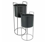HowHomely Soporte para plantas, juego de 2 macetas, con estructura metálica alta, color negro, cilíndrico, mate, moderno, decoración escandinava