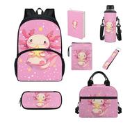 Howilath Juego de bolsas escolares para niños, bolsa de almuerzo aislada, estuche para lápices, suministros escolares, funda para libros, funda para botella, Axolotl rosa