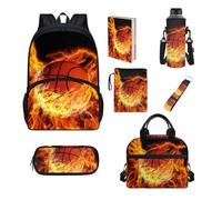 Howilath Juego de bolsas escolares para niños, bolsa de almuerzo aislada, estuche para lápices, suministros escolares, funda para libros, funda para botella, Baloncesto Flame
