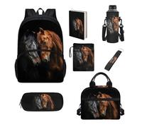 Howilath Juego de bolsas escolares para niños, bolsa de almuerzo aislada, estuche para lápices, suministros escolares, funda para libros, funda para botella, Caballo Negro