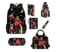 Howilath Juego de bolsas escolares para niños, bolsa de almuerzo aislada, estuche para lápices, suministros escolares, funda para libros, funda para botella, Champiñón rojo