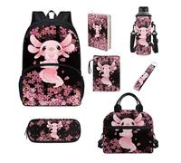 Howilath Juego de mochila escolar para niños con bolsa de almuerzo, estuche para lápices, funda para libro, mochila escolar para niños y niñas, Flor rosa ajolotl