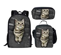 Howilath Ligero 17 pulgadas bolsa escolar conjunto divertido animal diseño mochila con aislamiento térmico caja lápiz, gato, 17 inch (3PCS Set), Juego de bolsos escolares