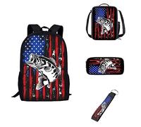 Howilath Mochila de día con diseño de calavera y rosa, color negro, funda para el almuerzo, bolsa para bolígrafos, llavero de coche, para niños y niñas, regalos de vuelta a la escuela, Bandera Ameican Baa Fish, Mochila casual